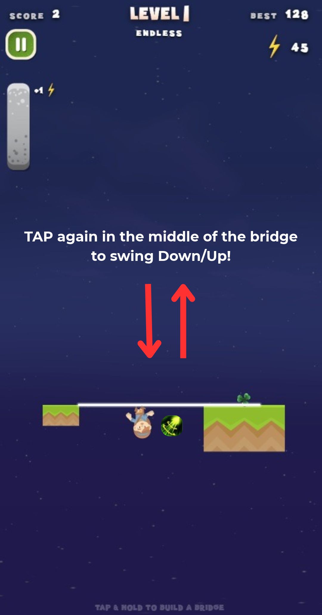 Hanging underneath the bridge to grab an item